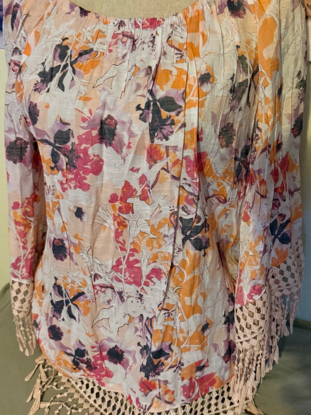 Floral Peasant Coverup with Crochet Hem - Pink & Orange